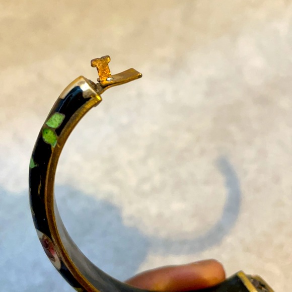 Vintage Cloisonné Brass Tone Slide Claps Hinged Oval Bracelet - Picture 7 of 9